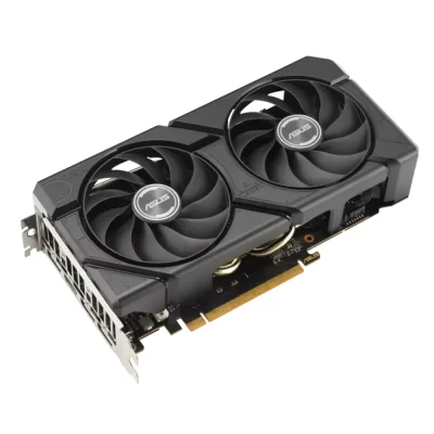 ASUS Dual Radeon RX 7600 EVO OC Edition 8GB GDDR6 – Pohľad zhora na grafickú kartu s dvoma veľkými ventilátormi