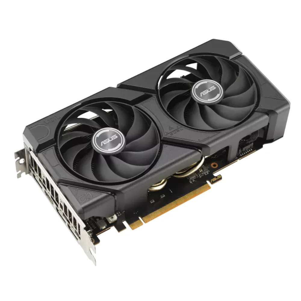 ASUS Dual Radeon RX 7600 EVO OC Edition 8GB GDDR6 – Pohľad zhora na grafickú kartu s dvoma veľkými ventilátormi ASUS Dual Radeon RX 7600 EVO OC Edition 8GB GDDR6 – Pohľad zhora na grafickú kartu s dvoma veľkými ventilátormi