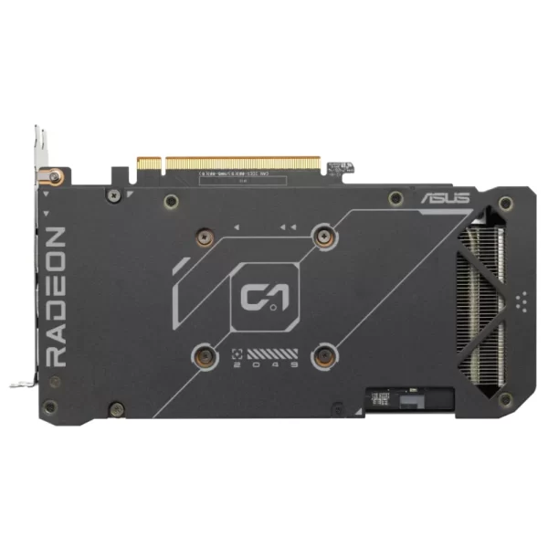 ASUS Dual Radeon RX 7600 EVO OC Edition 8GB GDDR6 – Zadná strana grafickej karty s kovovým backplate a logami