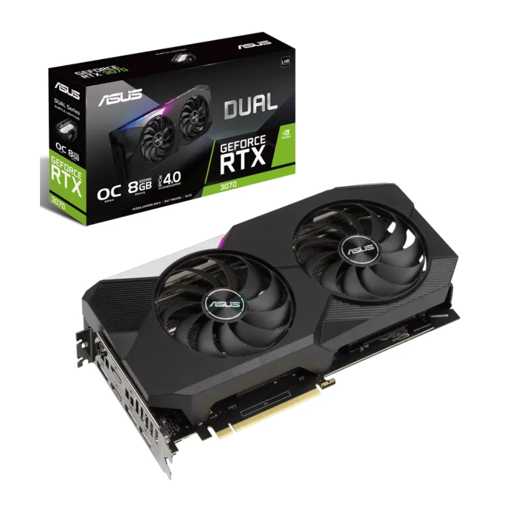 ASUS Dual GeForce RTX 3070 V2 OC 8GB – grafická karta s dvojitými ventilátormi a elegantným čiernym dizajnom, balenie ASUS Dual GeForce RTX 3070 V2 OC 8GB – grafická karta s dvojitými ventilátormi a elegantným čiernym dizajnom, balenie
