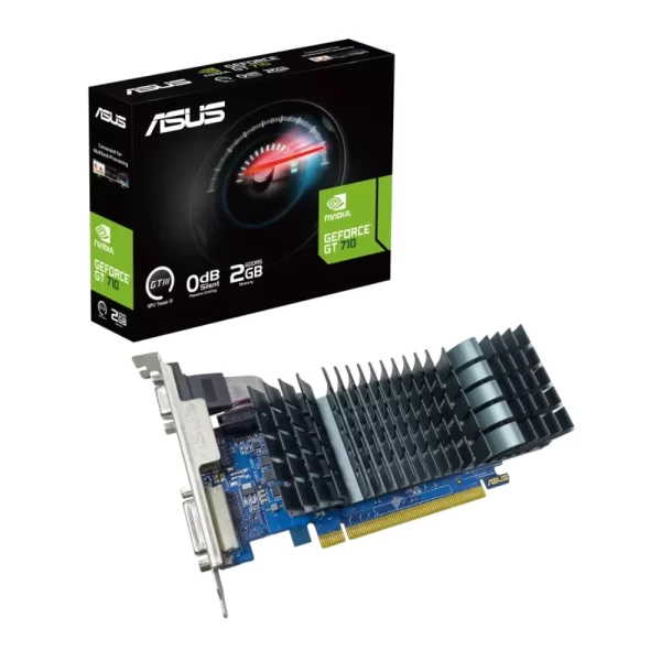 ASUS GeForce GT 710 2GB GDDR5 EVO – Grafická karta s pasívnym chladením a modrým PCB, zobrazená s originálnym balením