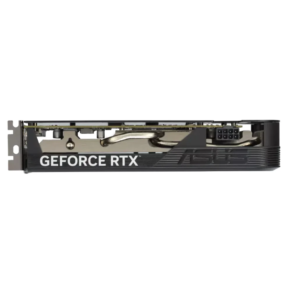 ASUS Dual GeForce RTX 4060 V2 OC Edition 8GB – Bočný pohľad na chladiaci systém a napájací konektor ASUS Dual GeForce RTX 4060 V2 OC Edition 8GB – Bočný pohľad na chladiaci systém a napájací konektor