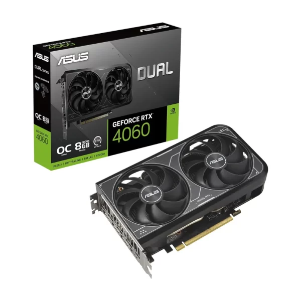 ASUS Dual GeForce RTX 4060 V2 OC Edition 8GB – Grafická karta s dvojventilátorovým chladením a krabicou v pozadí