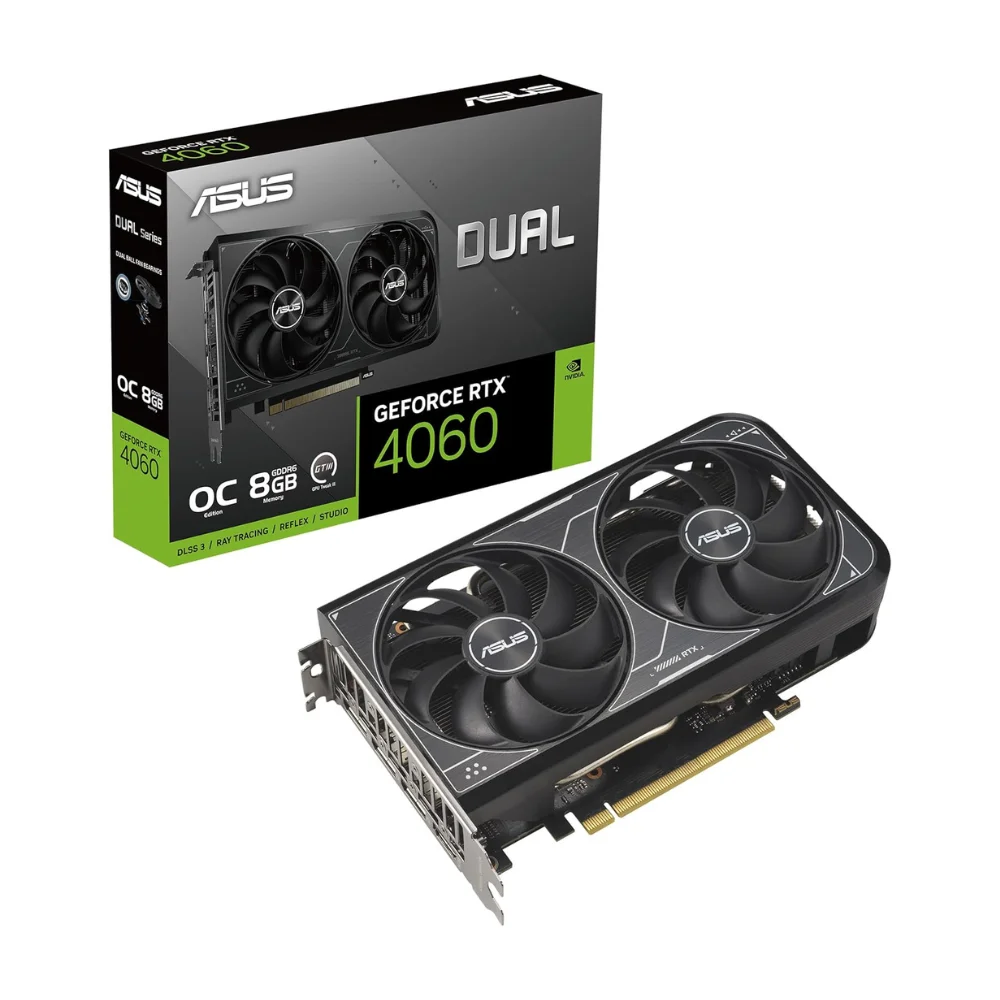 ASUS Dual GeForce RTX 4060 V2 OC Edition 8GB – Grafická karta s dvojventilátorovým chladením a krabicou v pozadí ASUS Dual GeForce RTX 4060 V2 OC Edition 8GB – Grafická karta s dvojventilátorovým chladením a krabicou v pozadí