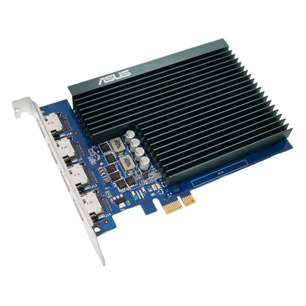 ASUS GeForce GT 730 2 GB – Pohľad zhora na grafickú kartu s modrým PCB a veľkým pasívnym chladičom ASUS GeForce GT 730 2 GB – Pohľad zhora na grafickú kartu s modrým PCB a veľkým pasívnym chladičom