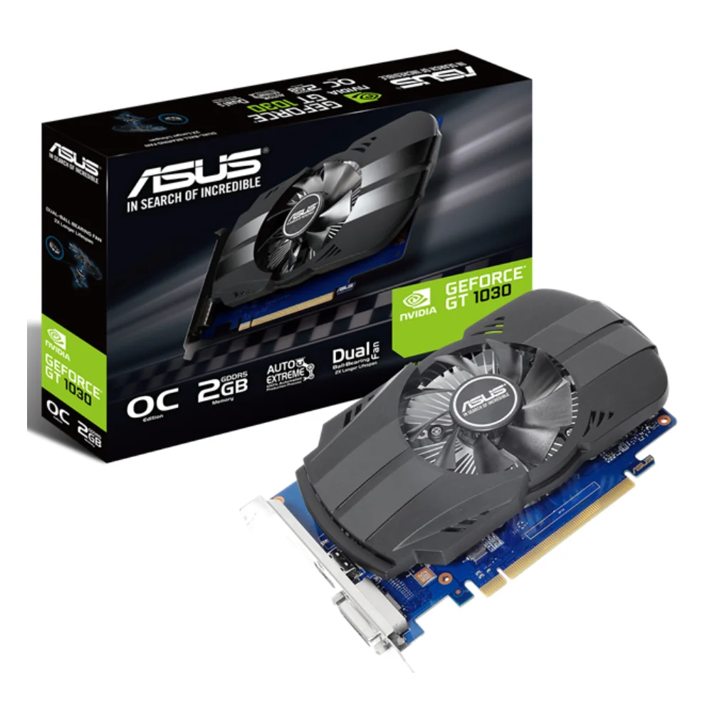 ASUS Phoenix GeForce GT 1030 OC edition 2GB GDDR5 – Balenie a grafická karta vedľa seba ASUS Phoenix GeForce GT 1030 OC edition 2GB GDDR5 – Balenie a grafická karta vedľa seba