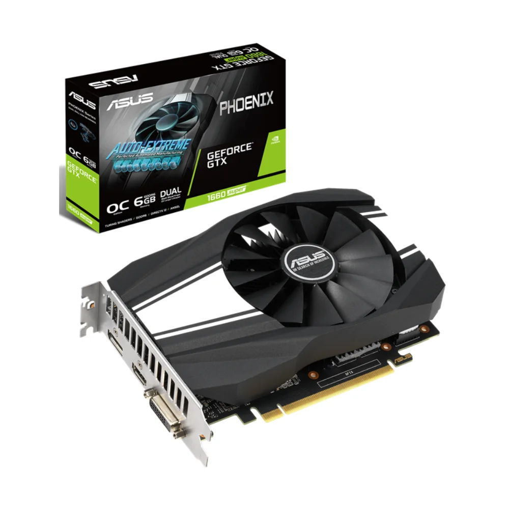 ASUS Phoenix GeForce GTX 1660 SUPER OC 6GB – Balenie a samotná grafická karta zobrazené spolu ASUS Phoenix GeForce GTX 1660 SUPER OC 6GB – Balenie a samotná grafická karta zobrazené spolu