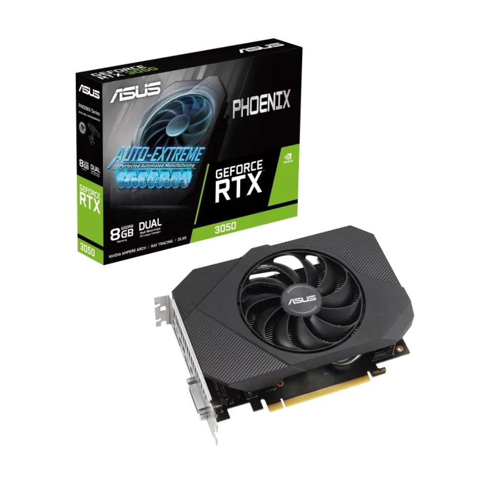 ASUS Phoenix GeForce RTX 3050 V2 8GB GDDR6 – Balenie grafickej karty s krabicou a kartou v minimalistickom dizajne ASUS Phoenix GeForce RTX 3050 V2 8GB GDDR6 – Balenie grafickej karty s krabicou a kartou v minimalistickom dizajne