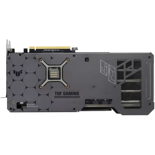 ASUS TUF Gaming Radeon RX 7600 XT OC Edition 16GB GDDR6 – Zadná strana s kovovým backplate a otvoreným chladičom