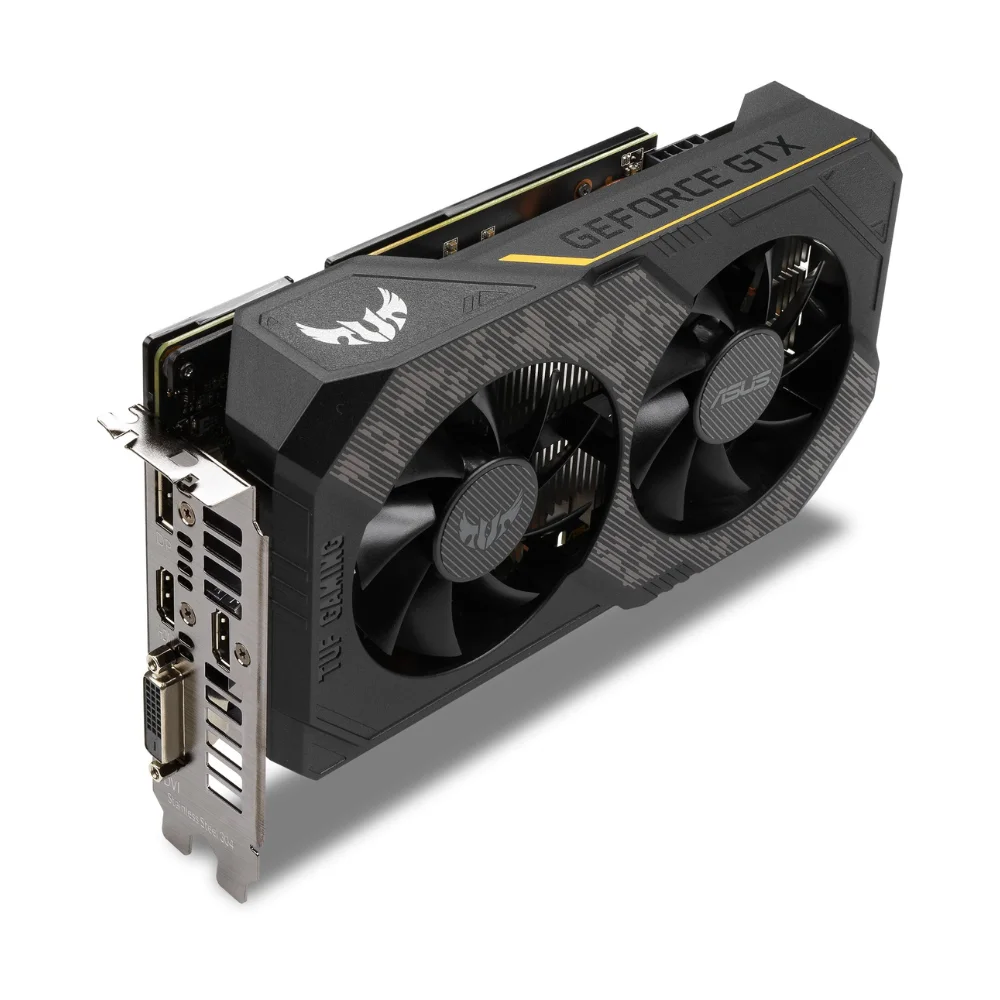 ASUS TUF Gaming GeForce GTX 1660 Ti EVO 6GB – bočný pohľad na kartu s logom TUF a viditeľným chladičom ASUS TUF Gaming GeForce GTX 1660 Ti EVO 6GB – bočný pohľad na kartu s logom TUF a viditeľným chladičom