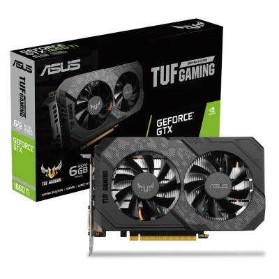 ASUS TUF Gaming GeForce GTX 1660 Ti EVO 6GB – balenie a pohľad spredu na dvojventilátorovú grafickú kartu