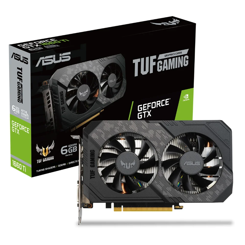 ASUS TUF Gaming GeForce GTX 1660 Ti EVO 6GB – balenie a pohľad spredu na dvojventilátorovú grafickú kartu ASUS TUF Gaming GeForce GTX 1660 Ti EVO 6GB – balenie a pohľad spredu na dvojventilátorovú grafickú kartu