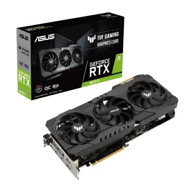 ASUS TUF Gaming GeForce RTX 3070 Ti OC Edition 8GB– Balenie grafickej karty s krabicou a modelom s trojventilátorovým chladením