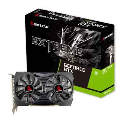 BIOSTAR GeForce GTX 1050 4GB – Balenie grafickej karty s krabicou a dvoma ventilátormi v čiernom dizajne