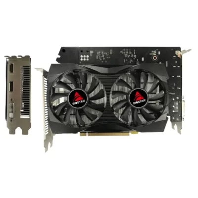 BIOSTAR GeForce GTX 1050 4GB – Pohľad spredu na kartu s dvoma ventilátormi, PCB a výstupmi HDMI, DisplayPort a DVI