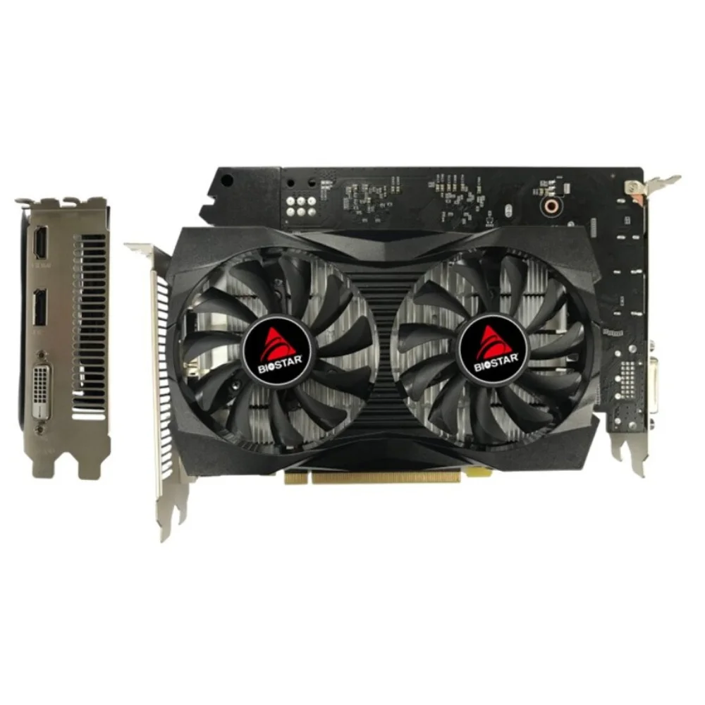 BIOSTAR GeForce GTX 1050 4GB – Pohľad spredu na kartu s dvoma ventilátormi, PCB a výstupmi HDMI, DisplayPort a DVI BIOSTAR GeForce GTX 1050 4GB – Pohľad spredu na kartu s dvoma ventilátormi, PCB a výstupmi HDMI, DisplayPort a DVI