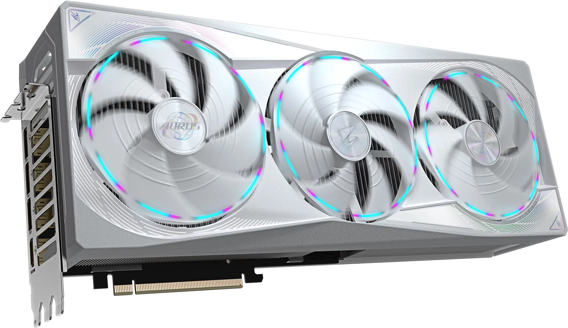 Gigabyte AORUS GeForce RTX 5080 MASTER 16G – Pohled na tři velké ventilátory s RGB podsvícením z přední strany.