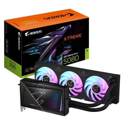 Gigabyte AORUS GeForce RTX 5080 XTREME WATERFORCE WB 16G - Pohľad na grafickú kartu spolu s hybridným chladením a balením