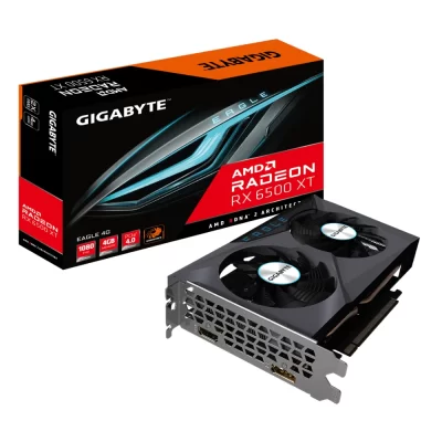 GIGABYTE Radeon RX 6500 XT EAGLE 4G – Balenie a karta s dvojventilátorovým chladičom