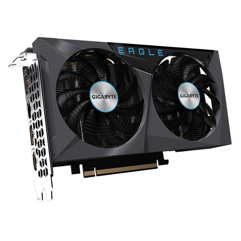 Gigabyte GeForce RTX 3050 EAGLE OC 8G – Pohľad na grafickú kartu so zobrazením ventilátorov Gigabyte GeForce RTX 3050 EAGLE OC 8G – Pohľad na grafickú kartu so zobrazením ventilátorov