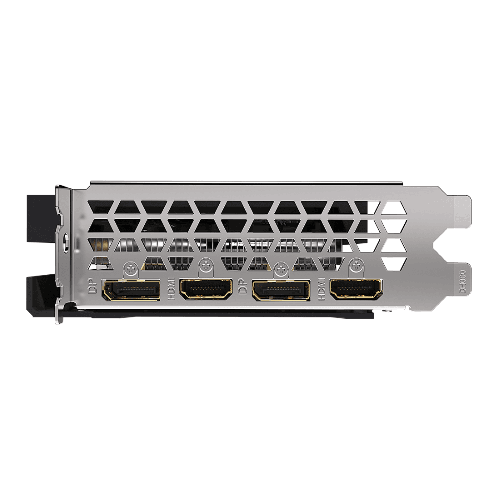 Gigabyte GeForce RTX 3050 EAGLE OC 8G – Zobrazenie grafickej karty zo zadnej strany s portmi Gigabyte GeForce RTX 3050 EAGLE OC 8G – Zobrazenie grafickej karty zo zadnej strany s portmi