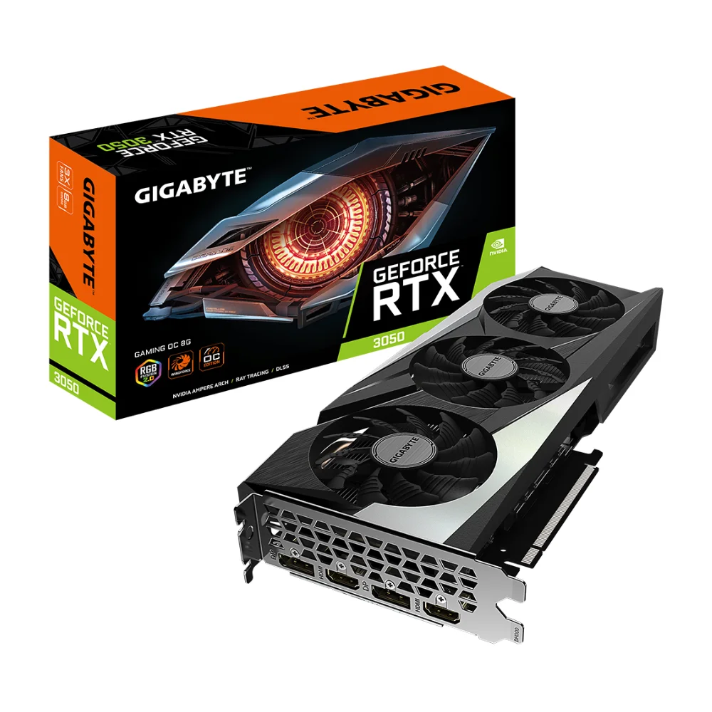 Gigabyte GeForce RTX 3050 GAMING OC 8G – Balenie s kartou a tromi ventilátormi zhora Gigabyte GeForce RTX 3050 GAMING OC 8G – Balenie s kartou a tromi ventilátormi zhora