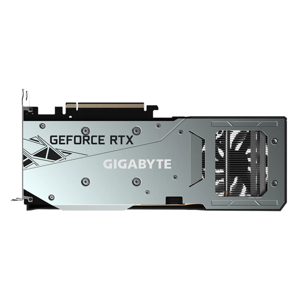 Gigabyte GeForce RTX 3050 GAMING OC 8G – Zadná strana karty s kovovým backplate Gigabyte GeForce RTX 3050 GAMING OC 8G – Zadná strana karty s kovovým backplate