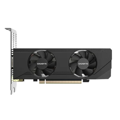 GIGABYTE GeForce RTX 3050 OC Low Profile 6G – čelný pohľad na grafickú kartu s dvoma ventilátormi