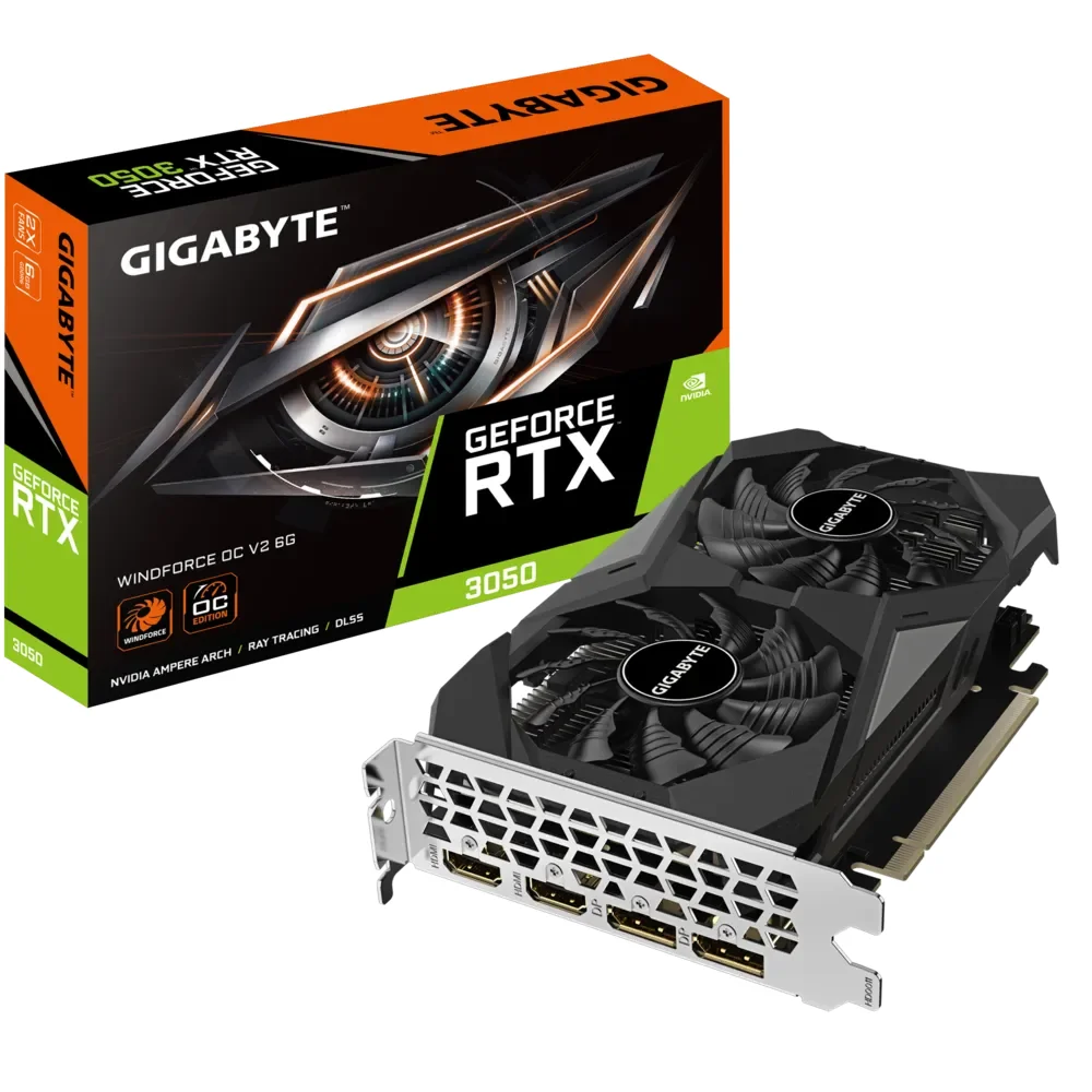 GIGABYTE GeForce RTX 3050 WINDFORCE OC V2 6G – Grafická karta spolu s jej balením GIGABYTE GeForce RTX 3050 WINDFORCE OC V2 6G - Grafická karta spolu s jej balením