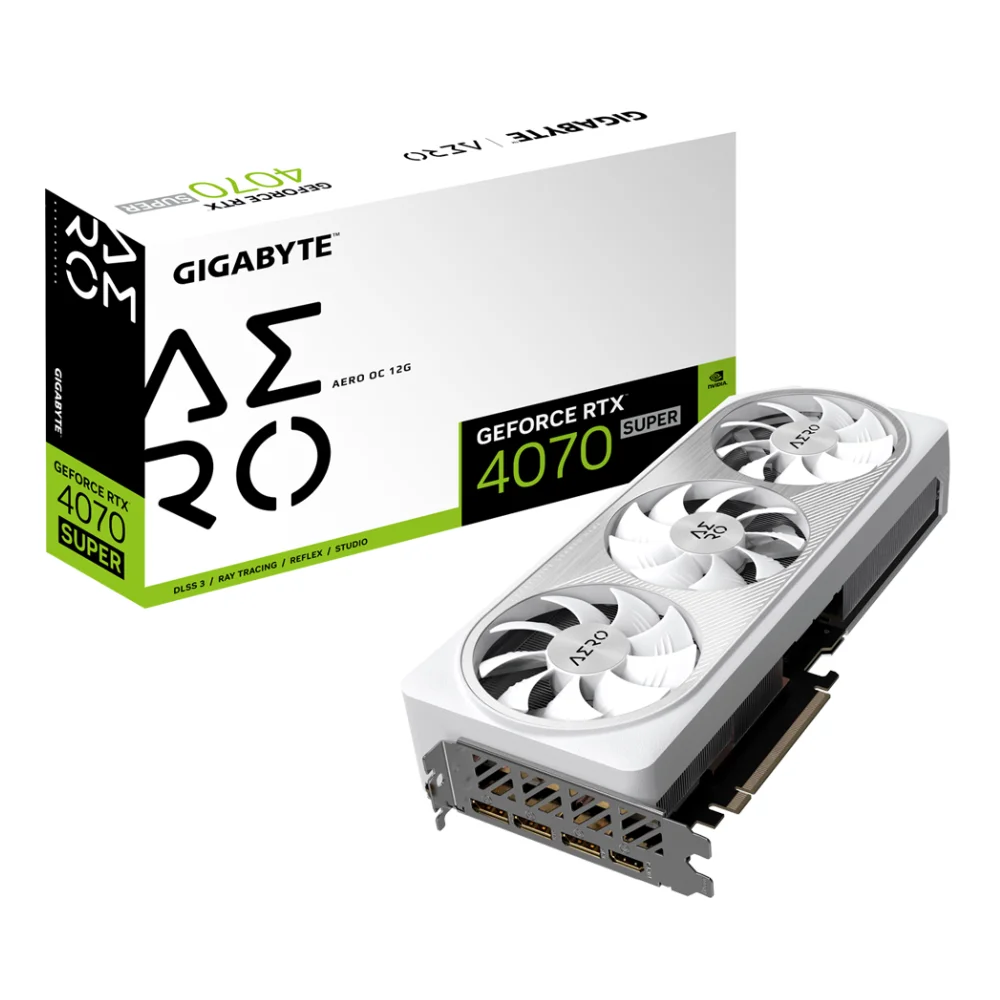 Gigabyte GeForce RTX 4070 SUPER AERO OC 12G – grafická karta v bielom vyhotovení s trojventilátorovým chladičom a balením Gigabyte GeForce RTX 4070 SUPER AERO OC 12G – grafická karta v bielom vyhotovení s trojventilátorovým chladičom a balením