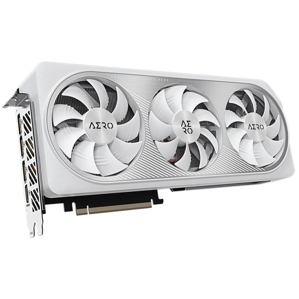 Gigabyte GeForce RTX 4070 SUPER AERO OC 12G – detailný pohľad spredu na trojventilátorové chladenie Gigabyte GeForce RTX 4070 SUPER AERO OC 12G – detailný pohľad spredu na trojventilátorové chladenie