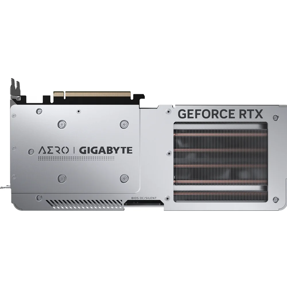 Gigabyte GeForce RTX 4070 SUPER AERO OC 12G – zadná strana karty s kovovým backplate Gigabyte GeForce RTX 4070 SUPER AERO OC 12G – zadná strana karty s kovovým backplate