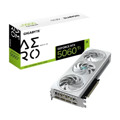 GIGABYTE GeForce RTX 5060 Ti AERO OC 16G - Grafická karta s krabicou, pohľad spredu