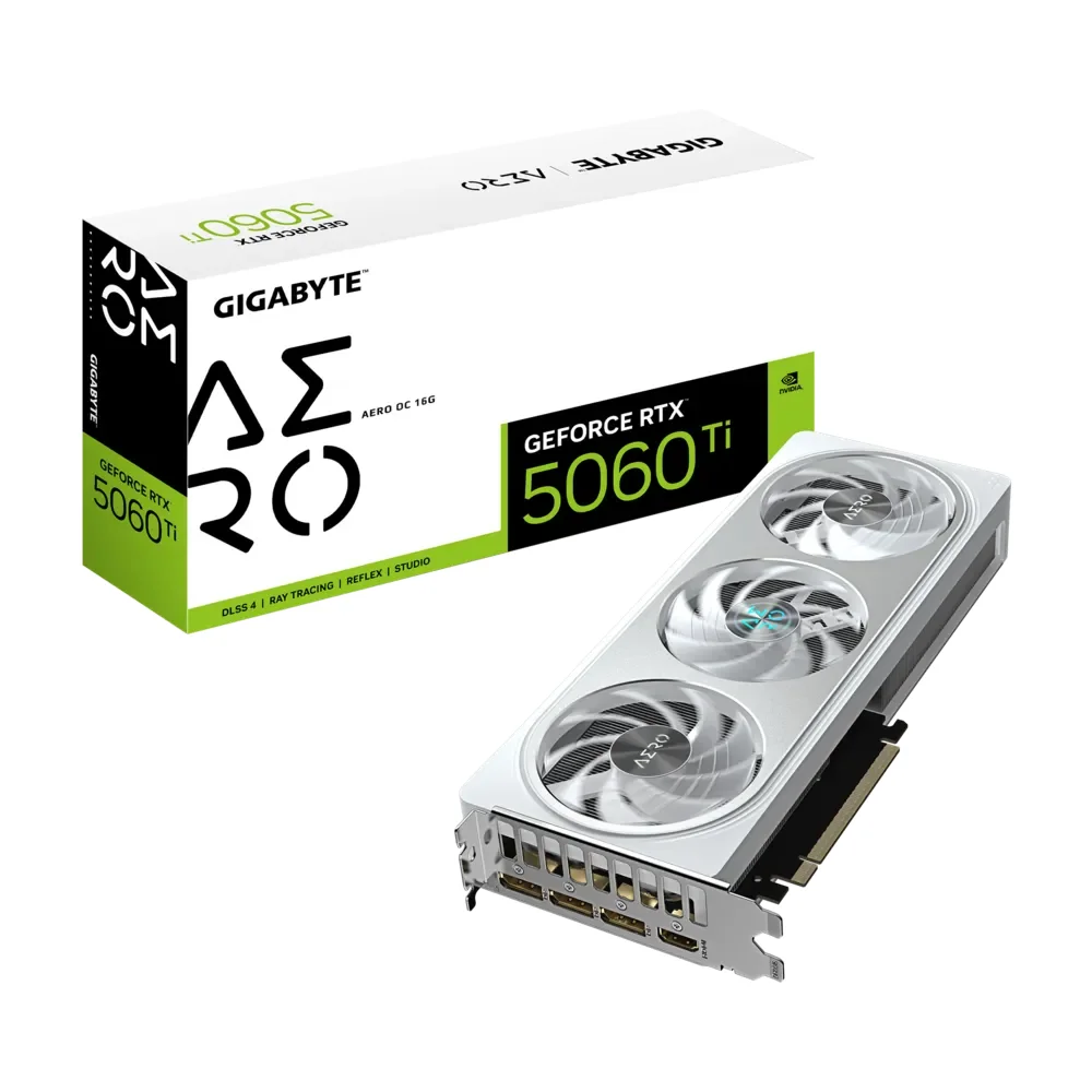 GIGABYTE GeForce RTX 5060 Ti AERO OC 16G – Grafická karta s krabicou, pohľad spredu GIGABYTE GeForce RTX 5060 Ti AERO OC 16G - Grafická karta s krabicou, pohľad spredu