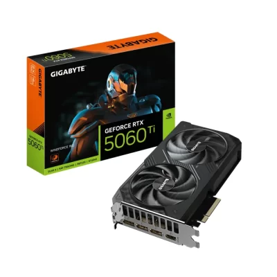 GIGABYTE GeForce RTX 5060 Ti WINDFORCE OC 16G - Grafická karta s krabicou, pohľad spredu