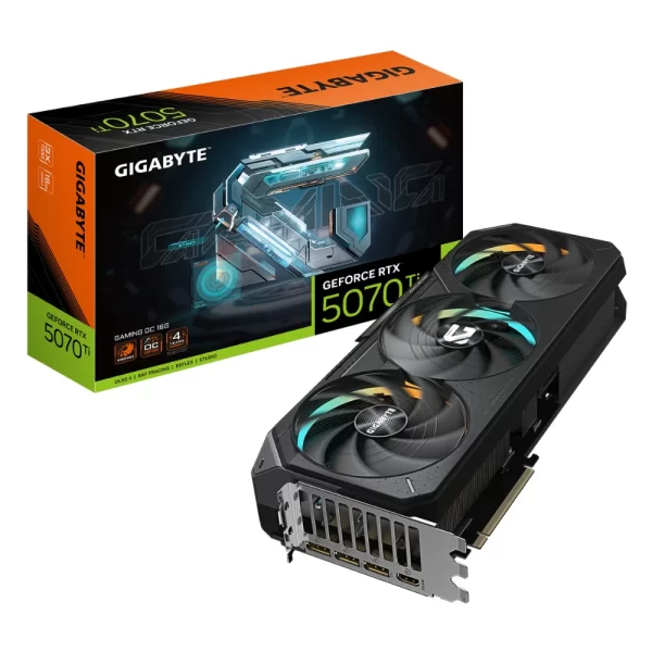 Gigabyte GeForce RTX 5070 Ti Gaming OC 16GB – Balenie s grafikou a samotná karta v čiernom vyhotovení