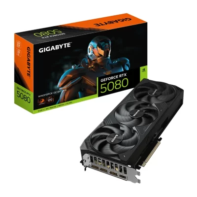 Gigabyte GeForce RTX 5080 WINDFORCE OC SFF 16G – Produktové balenie s grafikou a so samotnou kartou v popredí