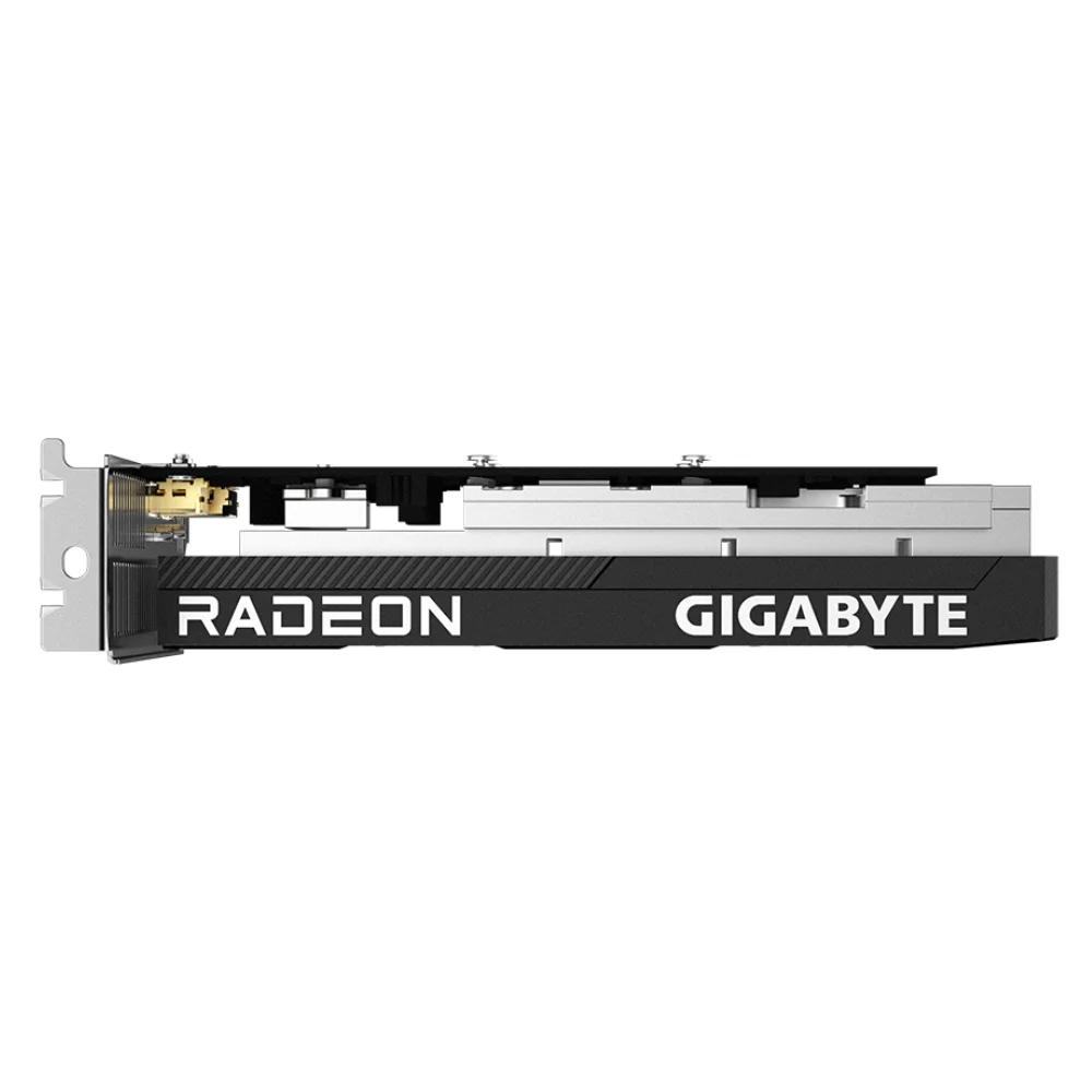 Gigabyte Radeon RX 6400 D6 LOW PROFILE 4G – Bočný pohľad s logom Radeon a Gigabyte Gigabyte Radeon RX 6400 D6 LOW PROFILE 4G – Bočný pohľad s logom Radeon a Gigabyte