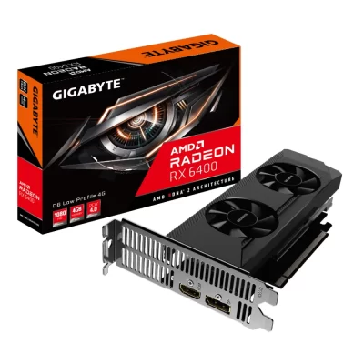 Gigabyte Radeon RX 6400 D6 LOW PROFILE 4G – Grafická karta s dvojventilátorovým chladením a krabicou v pozadí