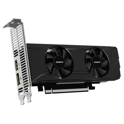 Gigabyte Radeon RX 6400 D6 LOW PROFILE 4G – Pohľad spredu na čierny chladič s dvojicou ventilátorov
