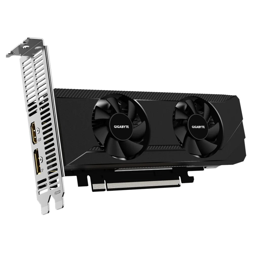 Gigabyte Radeon RX 6400 D6 LOW PROFILE 4G – Pohľad spredu na čierny chladič s dvojicou ventilátorov Gigabyte Radeon RX 6400 D6 LOW PROFILE 4G – Pohľad spredu na čierny chladič s dvojicou ventilátorov