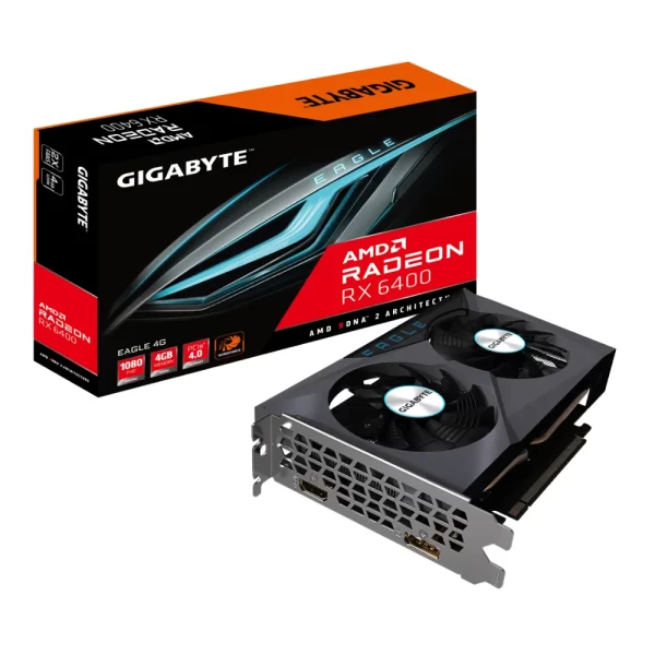Gigabyte Radeon RX 6400 EAGLE 4G – Pohľad na balenie a grafickú kartu s dvoma ventilátormi
