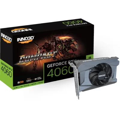 INNO3D GeForce RTX 4060 COMPACT 8GB – Zobrazenie s balením a grafickou kartou s jedným ventilátorom