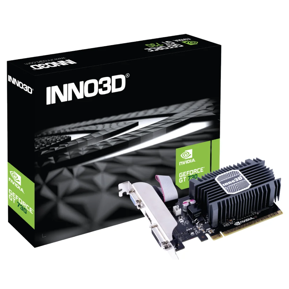 INNO3D GT 730 2GB SDDR3 LP – grafická karta s pasívnym chladičom a krabicou v pozadí INNO3D GT 730 2GB SDDR3 LP – grafická karta s pasívnym chladičom a krabicou v pozadí