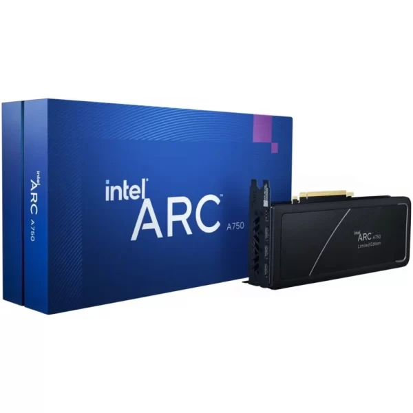 Intel Arc A750 8GB– Detailný pohľad na prednú stranu grafickej karty s balením