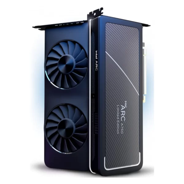 Intel Arc A750 8GB – Pohľad na grafickú kartu z boku a zhora s dvoma ventilátormi a detailom chladiča