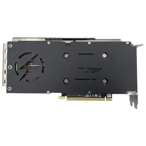 Manli GeForce RTX 3070 8GB GDDR6– Pohľad na zadnú stranu karty s kovovým backplate a ventilačnými výrezmi