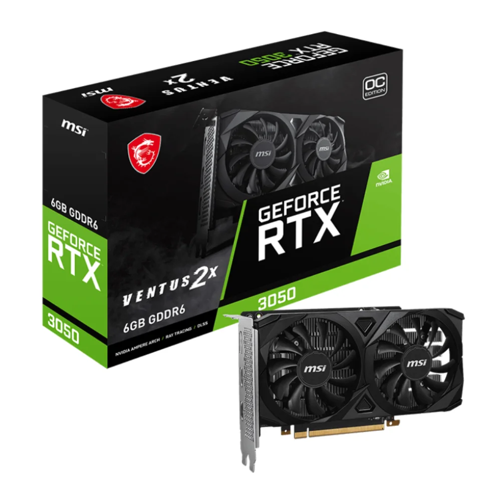 MSI GeForce RTX 3050 VENTUS 2X 6G OC – Grafická karta s dvoma ventilátormi a krabicou v pozadí MSI GeForce RTX 3050 VENTUS 2X 6G OC – Grafická karta s dvoma ventilátormi a krabicou v pozadí