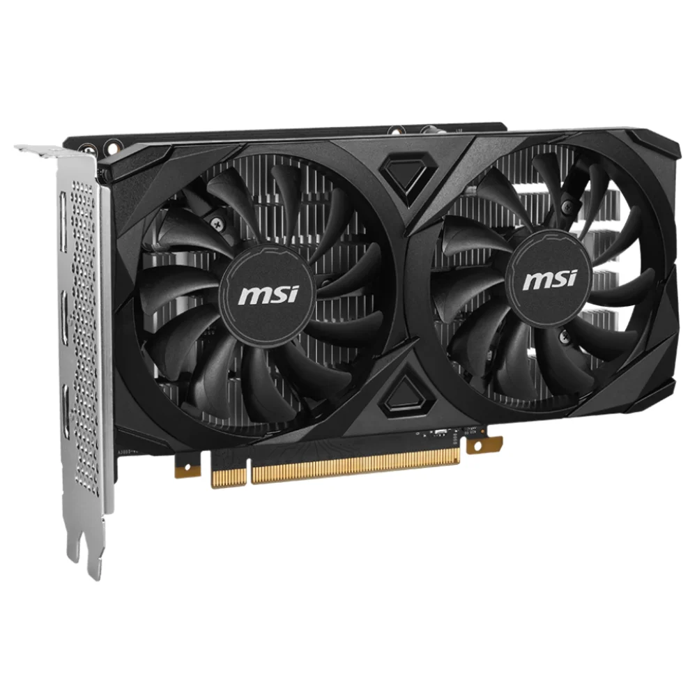 MSI GeForce RTX 3050 VENTUS 2X 6G OC – Dvojventilátorový chladič s logom MSI spredu MSI GeForce RTX 3050 VENTUS 2X 6G OC – Dvojventilátorový chladič s logom MSI spredu