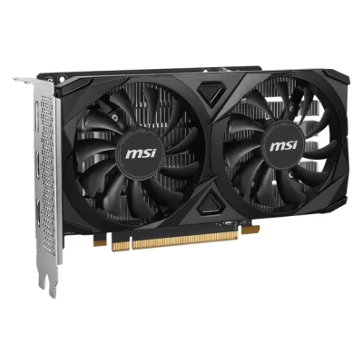MSI GeForce RTX 3050 VENTUS 2X E 6G OC – Záber na kartu s dvojicou ventilátorov a kovovým chladičom